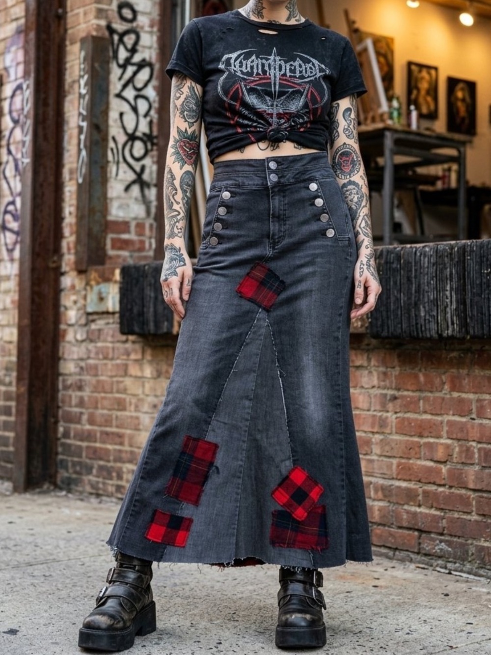 Upcycled express charcoal denim and plaid pirate style maxi skirt